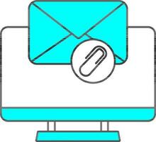computer met mail icoon of symbool in cyaan en wit kleur. vector
