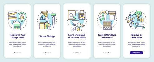 wind stormen en tornado's veiligheid onboarding mobiel app scherm. walkthrough 5 stappen bewerkbare grafisch instructies met lineair concepten. ui, ux, gui sjabloon vector