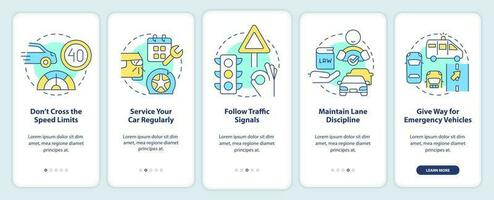 gemeenschappelijk het rijden veiligheid reglement onboarding mobiel app scherm. walkthrough 5 stappen bewerkbare grafisch instructies met lineair concepten. ui, ux, gui sjabloon vector