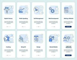 belangrijk leven vaardigheden licht blauw onboarding mobiel app scherm set. walkthrough 5 stappen bewerkbare grafisch instructies met lineair concepten. ui, ux, gui sjabloon vector