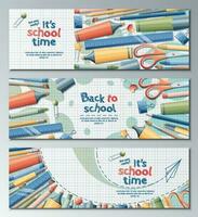 terug naar school- banier set. achtergronden met schrijfbehoeften potloden, pen, borstel, schaar, papier clips. school- thema, kennis dag, studie vector