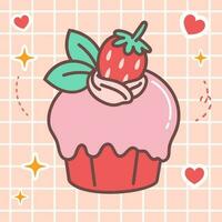 kawaii voedsel tekenfilm van aardbei cupcakes illustratie. vector icoon van schattig Japans tekening stijl voor kind Product, sticker, shirt, behang, kaart