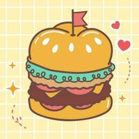 kawaii voedsel tekenfilm van rundvlees hamburger vector icoon van schattig Japans tekening stijl voor kind Product, sticker, overhemd Aan geel achtergrond vlak illustratie
