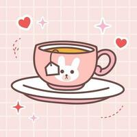 kawaii voedsel tekenfilm van kop van thee vector illustratie drinken met schattig Japans tekening stijl voor kind Product, sticker, overhemd met roze achtergrond