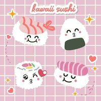 kawaii sushi en broodjes vector in Japan anime manga stijl met schattig glimlachen gezicht roze wangen. Japans traditioneel keuken gerechten in vlak illustratie