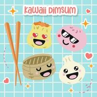 kawaii voedsel van schattig tekenfilm afm som tekening tekening. traditioneel Chinese Aziatisch knoedels met grappig glimlachen gezichten vector vlak illustratie met Japan anime manga stijl