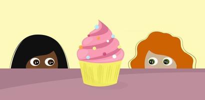 vrouw en dessert vectorillustratie twee meisjes kijken uit van achter de tafel en kijken naar heerlijke cupcake vector
