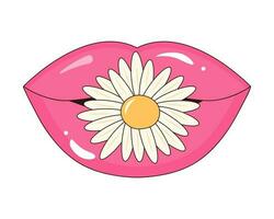 schattig lippen met kamille bloem tussen tanden. vrouw Open lippen met madeliefje. lineair kleur vector illustratie.