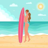 vrouw in zwempak met surfboard Aan de strand. zomer, zeegezicht, actief sport, surfen, vakantie concept. vlak tekenfilm vector illustratie.