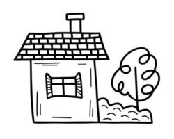 schattig klein huis met boom in tekening stijl. zoet huis. vector hand getekend illustratie geïsoleerd Aan wit achtergrond.