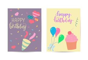 gelukkige verjaardag wenskaart voor kind met gefeliciteerd, cake, ballonnen en feestviering vectorillustratie vector