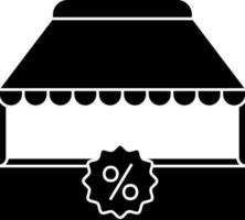 zwart en wit illustratie van winkel met percentage etiket icoon. vector