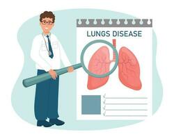 mannetje dokter met een vergroten glas onderzoekt long ziekten, ademhalings systeem. medisch gezondheidszorg concept. vector