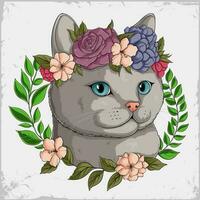 hand- getrokken schattig grijs kat met mooi bloemen Aan zijn hoofd in een kleurrijk bloemen krans vector