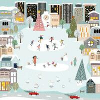 Kerstmis kaart, winter landschap met sneeuw vallend Kerstmis vooravond in stad, vector schattig winter wonderland in de stad- met gelukkig mensen, polair beer viering in de park, vrolijk kerst, nieuw jaar 2024