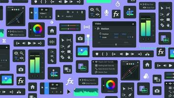 achtergrond van video editor verwerken hulpmiddelen. gereedschap blokken. grafisch film bewerken. beweging ontwerper ui bg. reeks van icoon panelen voor film makers. reeks van videomakers artikelen. fx toetsen en pictogrammen. werkbalk vector