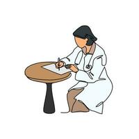 een doorlopend lijn tekening van een artsen schrijven recepten. medisch ontwerp concept met gemakkelijk lineair stijl. medisch thema's vector ontwerp illustratie concept.