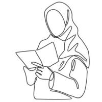 single vrouw illustratie lezen een boek in doorlopend lijn kunst tekening stijl. ontwerp met minimalistische zwart lineair ontwerp geïsoleerd Aan wit achtergrond. vector illustratie