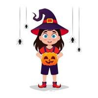 schattig meisje met een pompoen in haar handen, halloween vakantie vector