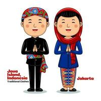 paar slijtage traditioneel kleren groeten Welkom naar Jakarta vector