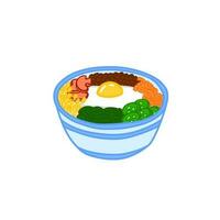 Bibimbap vector vlak illustratie. Aziatisch kom met eieren, rundvlees, groenten. Koreaans keuken voedsel. bewerkbare lunch