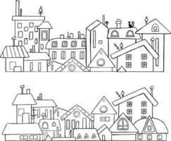 vector stad, stad- en platteland illustratie in lineair stijl - gebouwen, wolkenkrabber, kerk, fabriek, schuur. dun lijn kunst pictogrammen. vector illustratie