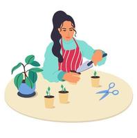 een jong meisjeskarakter plant planten thuis. de vrouw houdt in haar handen de schop de tuin, laat planten groeien en geniet van tuinieren. zorg voor kamerplant. hobby. vector illustratie in een platte cartoon-stijl