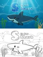 tekenfilm haai met alfabet onderzees. kleur boek of bladzijde vector