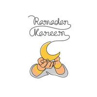 een doorlopend lijn tekening van hand- en een voor de helft maan voor symbool Ramadan kareem. Ramadan ontwerp concept met gemakkelijk lineair stijl. Islamitisch ontwerp concept. vector