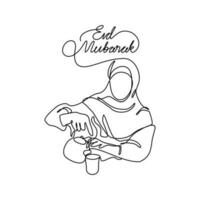 een doorlopend lijn tekening van een vrouw is voorbereidingen treffen maaltijd gedurende eid mubarak. eid mubarak en Ramadan kareem ontwerp concept met gemakkelijk lineair stijl. eid mubarak vector ontwerp concept.