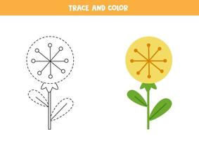 trace en kleur schattig paardebloembloem werkblad voor kinderen vector