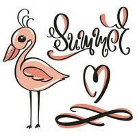 hand- geschreven belettering woord zomer en roze flamingo vector