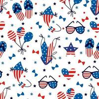 Amerika onafhankelijkheid dag naadloos vector patroon. symbool van zomer zee vakantie - Verenigde Staten van Amerika vlag zwempak, zonnebril, vlieger, omdraaien flops, ballonnen. patriottisch vakantie juli 4e. vlak tekenfilm achtergrond voor web