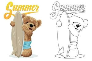 hand- getrokken vector illustratie van teddy beer met surfplank. kleur boek of bladzijde