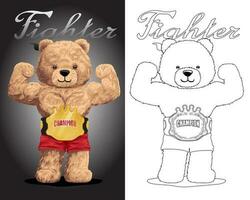 hand- getrokken vector illustratie van spier teddy beer met gemengd krijgshaftig kunst kampioen riem. kleur boek of bladzijde