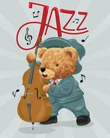 hand- getrokken vector illustratie van teddy beer spelen dubbele bas in jazz- muziek- tonen