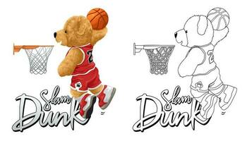 hand- getrokken vector illustratie van teddy beer spelen basketbal. kleur boek of bladzijde