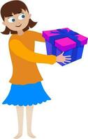 karakter van een weinig meisje Holding geschenk doos. vector