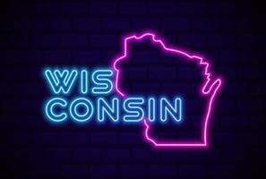 Wisconsin staat gloeiende neon lamp teken realistische vector illustratie blauwe bakstenen muur gloed