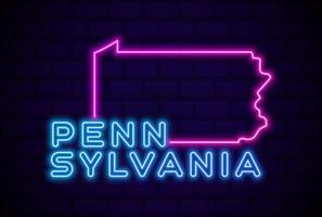 Pennsylvania staat gloeiende neon lamp teken realistische vector illustratie blauwe bakstenen muur gloed