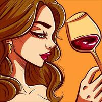digitaal kunst van een vrouw drinken wijn. vector van een meisje Holding een wijnglas. mooi vrouw roosteren en genieten van een cocktail.