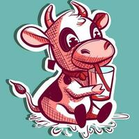 digitaal kunst van een tekenfilm mascotte koe drinken melk met een rietje van een glas. vector van een boerderij dier karikatuur Holding een drank.