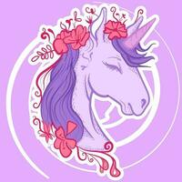 digitaal kunst van een magisch eenhoorn hoofd met bloemen decoraties Aan zijn haar. vector illustratie van een Pegasus met een toeter in pastel kleuren.