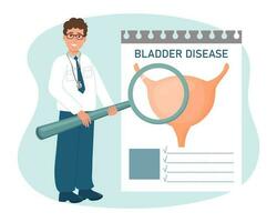 een mannetje dokter met een vergroten glas onderzoekt de ziekten van de blaas, urine- systeem. medisch gezondheidszorg concept. vector