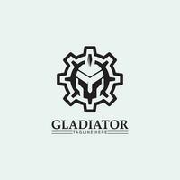 Spartaans helmlogo en gladiator, kracht, vintage, zwaard, veiligheid, legendarisch logo en vector van soldaatklassieker