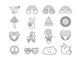schets vrede, liefde, bloem, regenboog, hart, madeliefje, paddestoel, duif pictogrammen enz. geïsoleerd vector illustratie. groovy hippie jaren 70 lijn set.