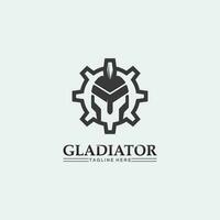 Spartaans helmlogo en gladiator, kracht, vintage, zwaard, veiligheid, legendarisch logo en vector van soldaatklassieker