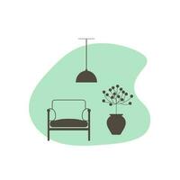 leven kamer interieur met fauteuil, lamp en bloem in pot. vlak vector icoon. interieur icoon