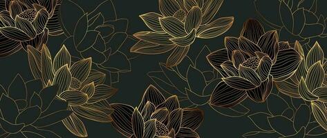 luxe hand- getrokken lotus bloemen achtergrond vector. elegant helling goud lotus bloemen lijn kunst, bladeren Aan donker achtergrond. oosters ontwerp voor bruiloft uitnodiging, omslag, afdrukken, decoratie, sjabloon. vector