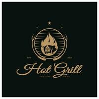 gemakkelijk barbecue wijnoogst heet grill, met gekruiste vlammen en spatel. logo voor restaurant, insigne, cafe en balk.vector vector